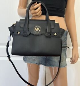 Michael Kors Carmen Medium Black Gold Saffiano Leather Satchel Handbag Purse Bag