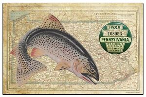 Vintage Pennsylvania State Map Trout Fishing License Art Print 11x17 Wall Decor