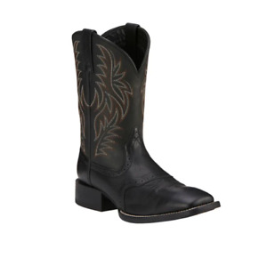 Men's Black Full Grain Leather Wide Square Toe Cowboy Boots - 5 Day Delivery