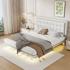 Queen Size Floating LED Bed Frame PU Leather Upholstered Platform Bed White