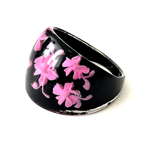 Plastic Ring Pink Black Floral Large USA 11 UK W