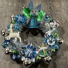 Vintage Mercury Glass Wreath Shiny Brite Ornaments Silver Blue Green Deer 13”