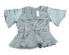 Bishop + Young Blouse Bell Sleeves V-Neck Twist Front Peplum Blue Gray Large NWT