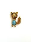 Vintage Wire Cat Brooch With Faux Pearls & Turquoise Cabochon