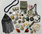 VINTAGE JUNK DRAWER JEWELRY LOT TURTLE COMPACTS MICRO MOSAIC FRAMES THIMBLES +++