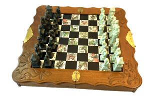 Vintage Oriental Chess Set Carved Soapstone Inlaid Tile Folding Board/Case Solid