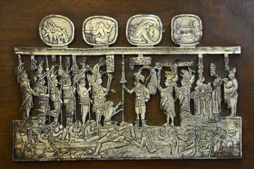 VTG MEXICAN ART MAYAN AZTEC REPRESENTATION OF WAR IN SILVER ON A WOOD c1970 vg