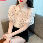 Fairy Korean Women Polka Dot Puff Sleeve Ruffle Chiffon Summer Blouse Tops Shirt