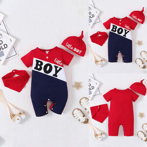 Baby Small Boys 3pcs Color Block Short Sleeve Romper Bibs Hat Set Clothes Outfit