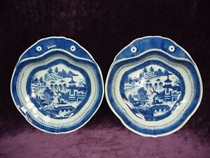 Pr Antique 19C Chinese export blue Canton porcelain shrimp plate excellent