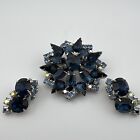 Vintage Set Blue Layered Glass Rhinestone Brooch Pin & Clip On Earrings unsigned