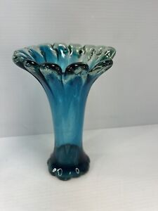 Vintage blue blown pulled glass finger vase scalloped 8 mid century modern MCM