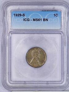 1929-S Lincoln Wheat Cent 1c ICG MS61 BN