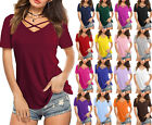 Womens V Neck Tops Short Sleeve Tops Cross Strap T Shirts Fashion Casual Blouse