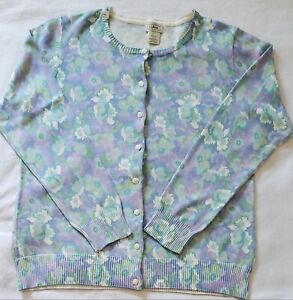 LL Bean Cardigan Sweater Floral Lavender Green Blue 100% Cotton Size Large