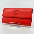 CHANEL CC Logo Caviar Skin Long Flap Wallet Coco Mark purse Red