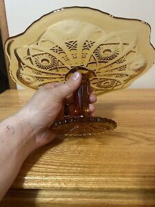 Vintage Imperial  Amber  Glass Cake Stand  stars & daisies footed mark 10.25