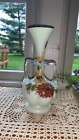 New ListingVINTAGE GREEN SATIN GLASS VASE WITH PAINTED FLOWERS AND CLEAR HANDLES