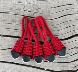 (5) Paracord Zipper Pulls - fits-Back Packs, Gear Bags, Molle Bags- RED
