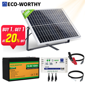 ECO-WORTHY 10W 25W Watt Solar Panel Kit & 12v 10Ah Lithium Battery Home Camping