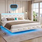 Full/Queen/King Floating LED Bed Frame with Faux Leather Headboard and USB Ports
