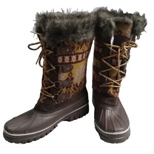 Muk Luks Alisha Tall Nordic Fur Trim Lace-Up Snow Boots Caramel Brown Size US 9