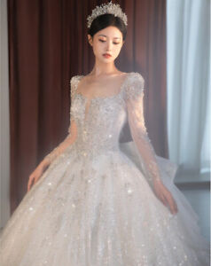 Luxury Wedding Dresses Long Sleeve Beading Crystal Lace Up Bow Bridal Gowns