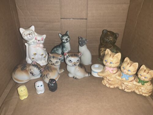 Cat Figures Porcelain Ceramic Glass Mixed Vintage Kitten Lot of 11