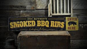 Custom Smoked BBQ Ribs City State Sign -Rustic Hand Made Vintage Wood