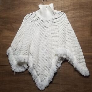 Vntg Dupont Wmns One Size Sweater Ivory White High Neck Cape Shawl Pancho Fringe