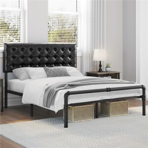 Metal Bed Frame with Tufted Faux Leather Adjustable Upholstered Headboard