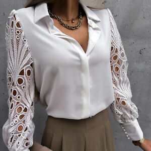 Women Office Lace Hollow Long Sleeve Blouse Work Button Down Shirt Casual Tops