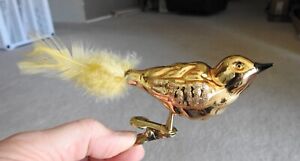 Vintage Germany Blown Glass Yellow Glitter Yellow Feather Clip Bird Ornament