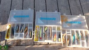 Lot Of 19 Fishing Lures & 2 Floats & Misc. In 3 Shimano Hard side Tackle boxes.