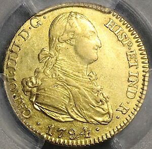 1794 PCGS AU 55 Spain 2 Escudos Charles IV Madrid Gold Coin POP 3/1 (23080301D)