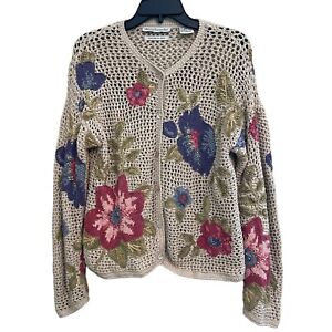 David Brooks Women Vintage Floral Hand Knitted Cardigan Sz Petite L Silk/Cotton