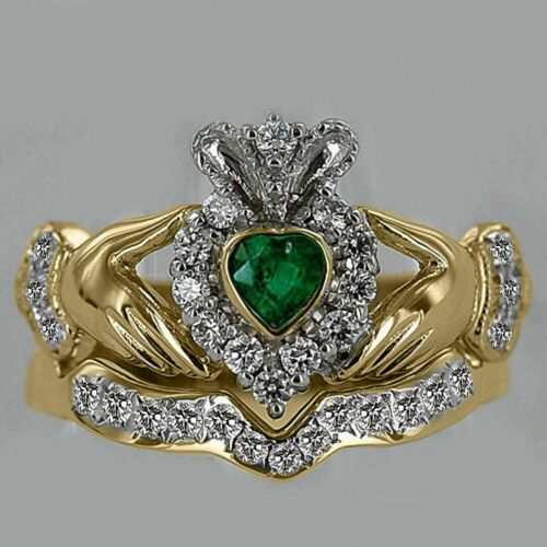 2Ct Round Cut Real Moissanite Claddagh Engagement Ring 14K Yellow Gold  Plated