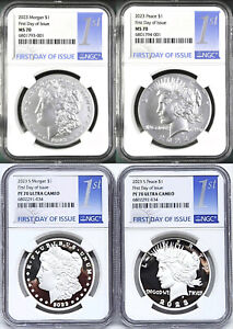 4 coin set 2023 morgan peace silver dollars ngc ms pf 70 first day of issue 1st