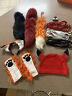 Fox Costume Accessory Lot - Furry Tails, Ears, Paw Gloves, Hat, Nose, Suspenders
