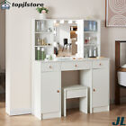New ListingMakeup Vanity Desk with Lighted LED Mirror Large DressingTable Set Stool Cabinet