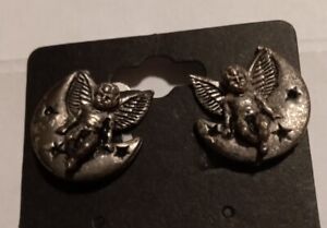 Vintage clip earrings cherub putti angel sitting on moon