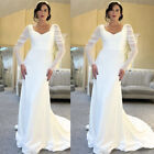 Elegant Satin Wedding Dresses with Tulle Long Sleeves Mermaid V Neck Bridal Gown