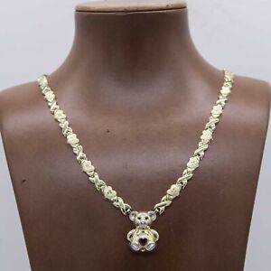 Diamond Cut Heart & Kisses Teddy Bear Necklace Real 10K Yellow White Gold