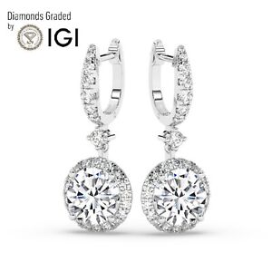 Round 6 ct Solitaire Halo 950 Platinum Hoops Earrings, Lab-grown IGI