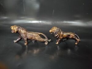 Lot Of 2 Vintage Brass / Bronze Tiger And Lion *Q