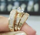 Real Moissanite Trio His And Her Wedding Bridal Ring Set 14k Yellow Gold Plated