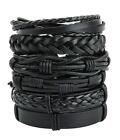 6Pcs Men Women Black Braided Leather Bracelet Bangle Wrap Rope Wristband Set