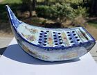 Vntg Pottery Ceramic Frog Vase Boat Blue Floral Vestal Alcobaca Portugal -1141