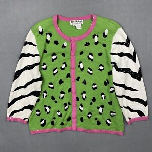 Jack B Quick Sweater Womens M Lime Green Cow Zebra Vintage Cardigan Animal Print