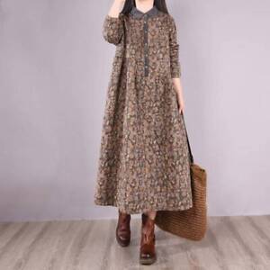Womens Floral Print Button Down Lapel Collar Long Sleeves Padded Dress Winter